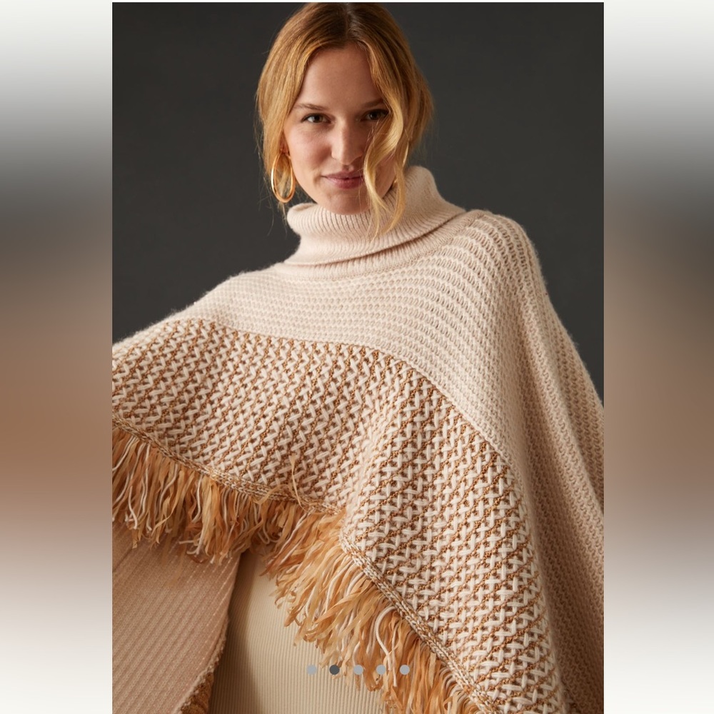 Anthropologie Cream and Tan Fringe Knit Poncho